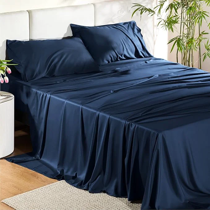 Enhanced Bedsure Full Size Bed Sheets Cooling Sheets Rayon Derived from Bamboo PureWoven Breathable amp Soft Deep Pocket Up to 16 Inches Hotel Luxury Silky Bedding for Hot Sleepers Navy Trusted