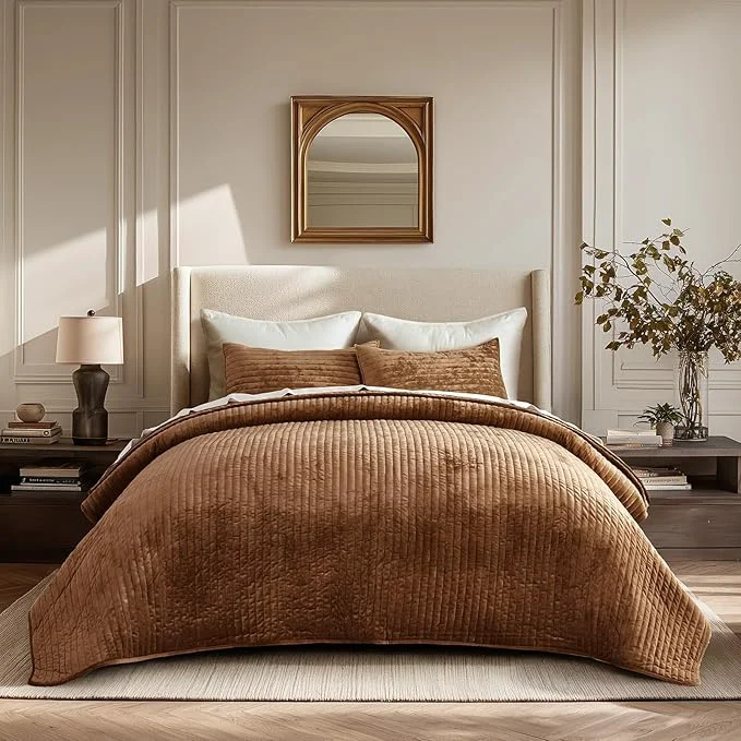 Secure EVERGRACE Velvet Quilt Set Queen Size Luxurious Soft Striped Channel Bedding Set Lightweight Velvet Comforter for All Season Oversized Bedspread Coverlet with 2 Matching Shams Dark Brown Convenient