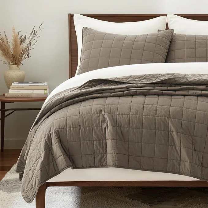 Reusable EVERGRACEHOME Cotton Box Stitch Quilt Bedding Set King Size 3 Pieces Garment-Washed Lightweight Soft Cozy Coverlet Oversized Quilted Bedspread Sets with 2 Shams for All Season Mocha Brown Pure