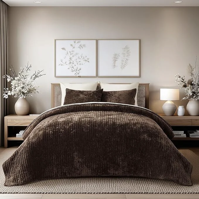 Elite EVERGRACE Velvet Quilt Set Queen Size Luxurious Soft Striped Channel Bedding Set Lightweight Velvet Comforter for All Season Oversized Bedspread Coverlet with 2 Matching Shams Walnut Brown Solid