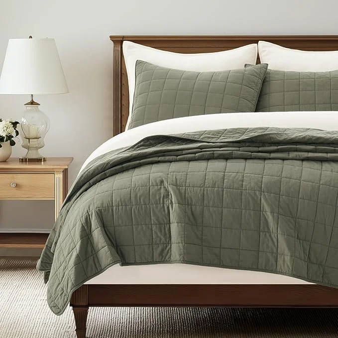 Expertly Made EVERGRACEHOME Cotton Box Stitch Quilt Bedding Set Queen Size 3 Pieces Garment-Washed Lightweight Soft Cozy Coverlet Quilted Bedspread Sets with 2 Shams for All Season Olive Green Modern