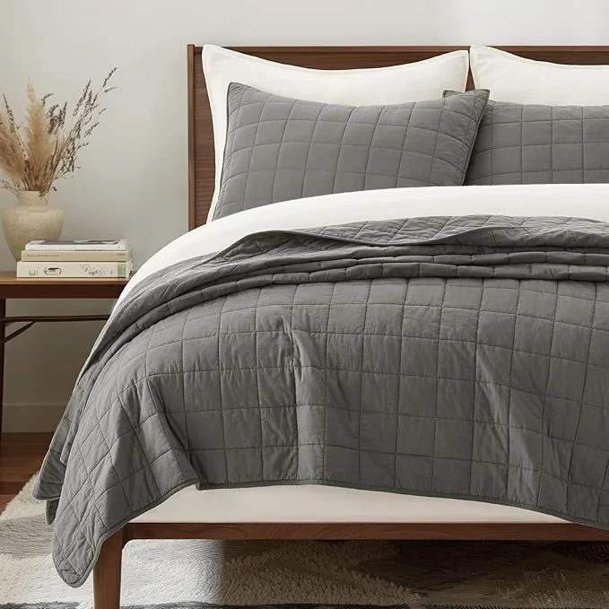Elegant EVERGRACEHOME Cotton Box Stitch Quilt Bedding Set Queen Size 3 Pieces Garment-Washed Lightweight Soft Cozy Coverlet Quilted Bedspread Sets with 2 Shams for All Season Dark Gull Gray Relaxed
