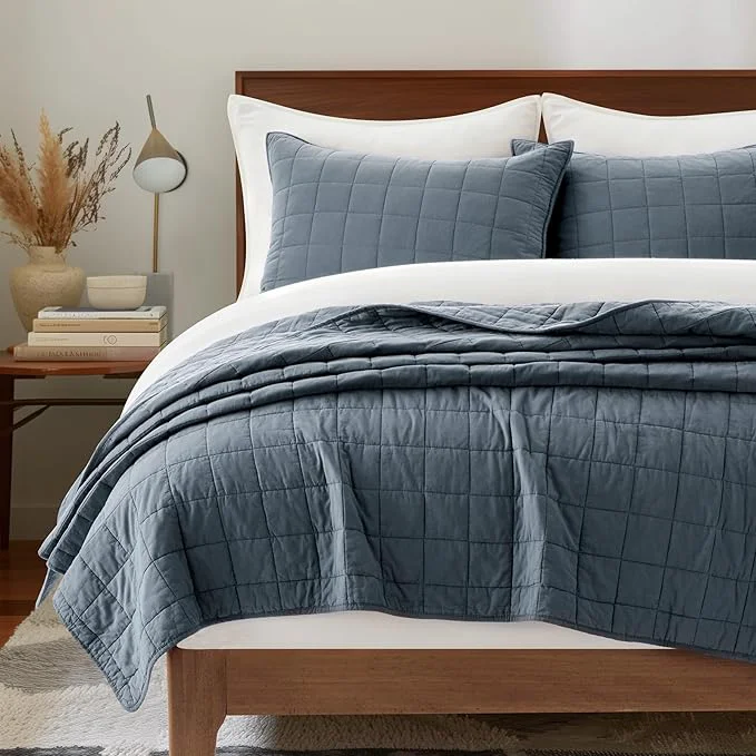 Efficient EVERGRACEHOME Cotton Box Stitch Quilt Bedding Set Queen Size 3 Pieces Garment-Washed Lightweight Soft Cozy Coverlet Quilted Bedspread Sets with 2 Shams for All Season Midnight Blue Carefully Designed