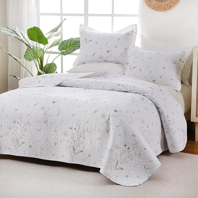 Smooth Queen Size Quilt Bedding Set White Floral Quilt Lightweight Reversible Quilted Bedspreads Coverlets with 2 Pillow Shams for All Seasons 90 quot ×90 quot