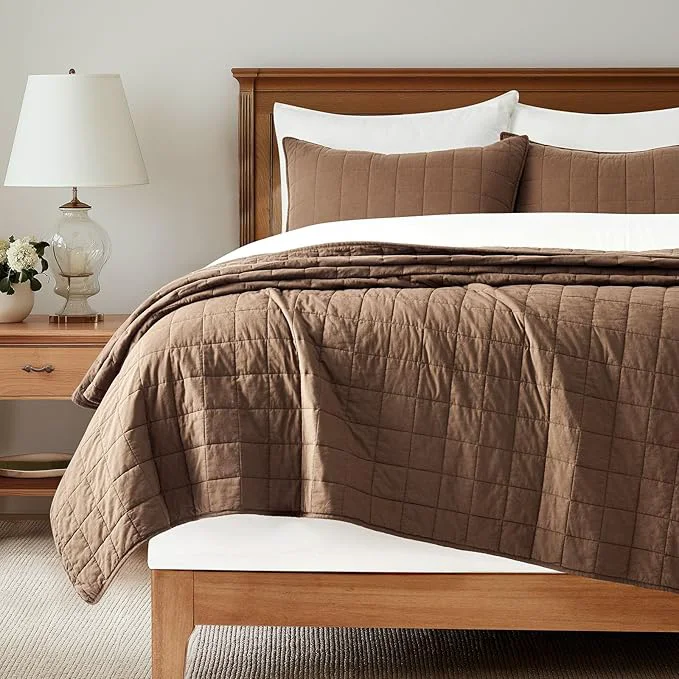 Exceptional EVERGRACEHOME Cotton Box Stitch Quilt Bedding Set Queen Size 3 Pieces Garment-Washed Lightweight Soft Cozy Coverlet Quilted Bedspread Sets with 2 Shams for All Season Sienna Brown Reusable