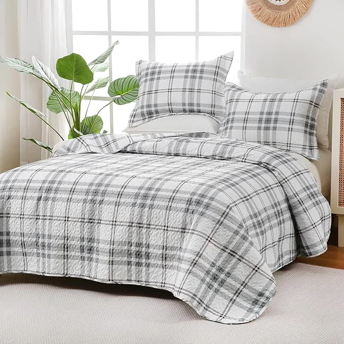 Smooth Plaid Quilt Set King Size – Ultra Soft Gingham Quilts Bedding Set with 2 Pillow Shams Lightweight Reversible Striped Quilted Bedspread Coverlet 3 Pieces for Summer 104 quot ×90 quot Grey White Trendy