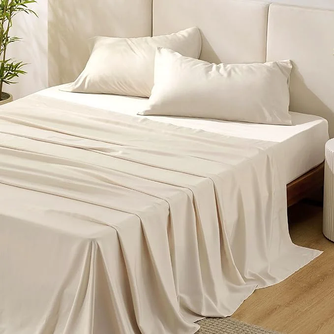 First-Class Bedsure Queen Sheet Set Rayon Derived from Bamboo Cooling Sheets PureWoven Breathable amp Soft Deep Pocket Up to 16 quot Hotel Luxury Silky Bedding for Hot Sleepers Light Beige Refined
