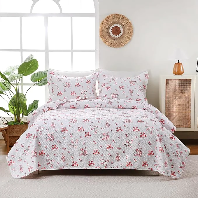 Soft Pink Floral Quilt Set Queen Size – Reversible Shabby Chic Bed Quilts Lightweight Girly Bedding Bedspreads Quilted Coverlets with 2 Pillow Shams for All Seasons 90 quot ×90 quot Versatile