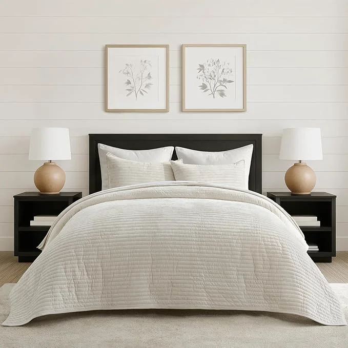 Secure EVERGRACE Velvet Quilt Set King Size Luxurious Soft Striped Channel Bedding Set Lightweight Velvet Comforter for All Season Oversized Bedspread Coverlet with 2 Matching Shams Ivory White Fashionable