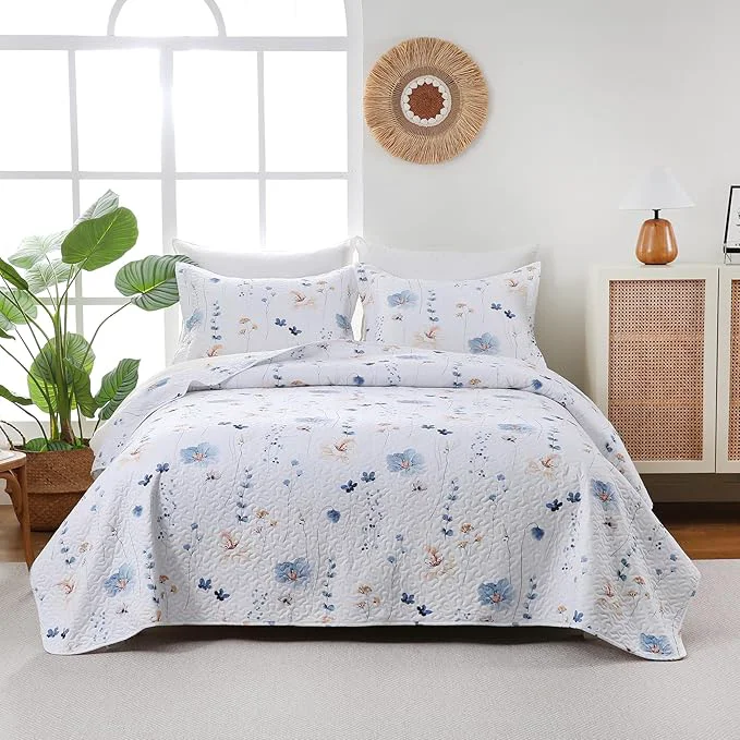 Official King Size Quilt Bedding Set White Floral Lightweight Quilts for Bed Botanical Pattern Reversible Soft Elegant Quilted Bedspread with 2 Pillow Shams Coverlet Sets 104 quot ×90 quot Sustainable