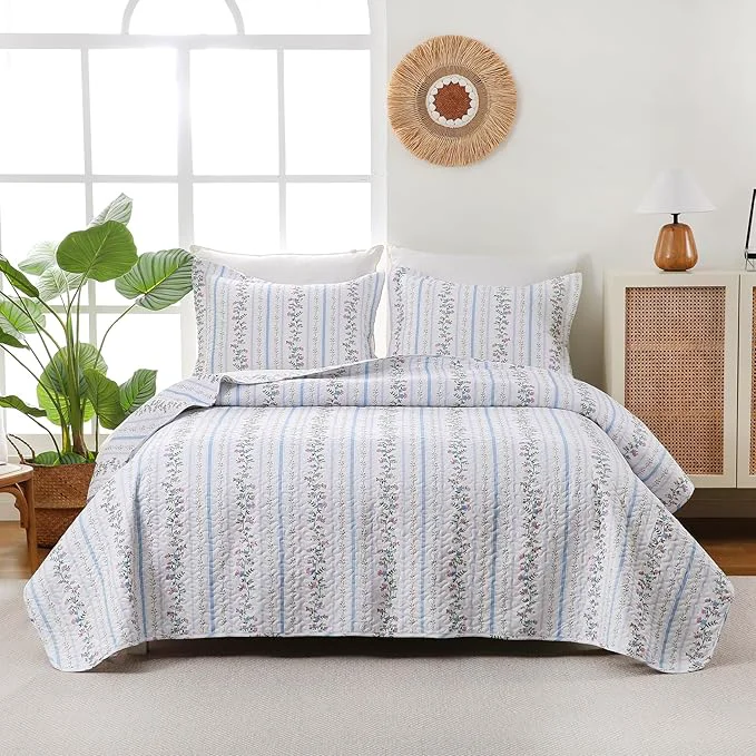 Flexible Queen Size Quilt Bedding Set – Vintage Floral Quilts for Bed Lightweight Farmhouse Reversible Bedspreads Quilted Coverlets with 2 Pillow Shams for All Seasons 90 quot ×90 quot High-Grade