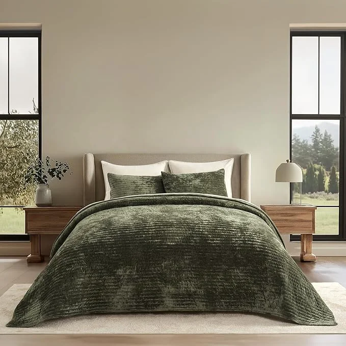 Fast EVERGRACE Velvet Quilt Set California King 118 39 39 x 106 39 39 Luxurious Soft Striped Channel Bedding Set Lightweight Velvet Comforter for All Season Oversized Bedspread Coverlet w 2 Shams Olive Green Fine