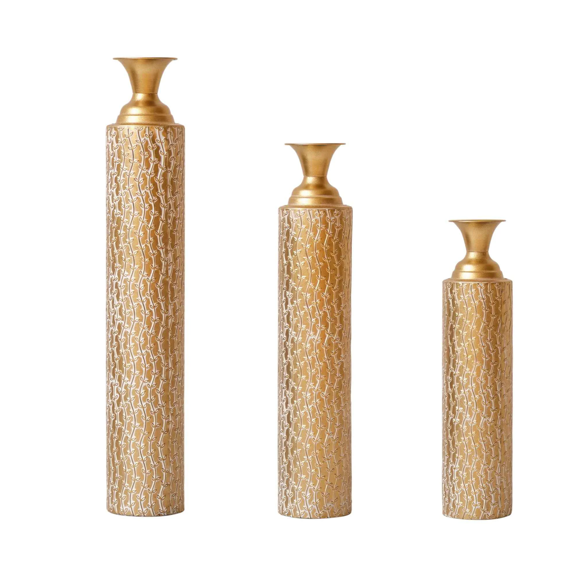 Premium Metal Decorative Vases High Distress Metal Center Vases With Growing Vine Patterns Set of 3 Vases For Home Decoration – Gold Effective