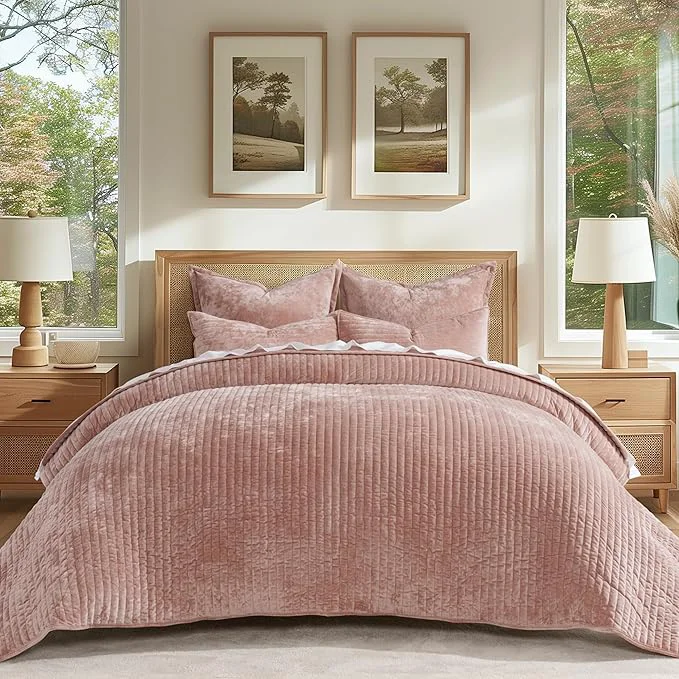 Stylish EVERGRACE Velvet Quilt Set Queen Size Luxurious Soft Striped Channel Bedding Set Lightweight Velvet Comforter for All Season Oversized Bedspread Coverlet with 2 Matching Shams Pink Clay Contemporary