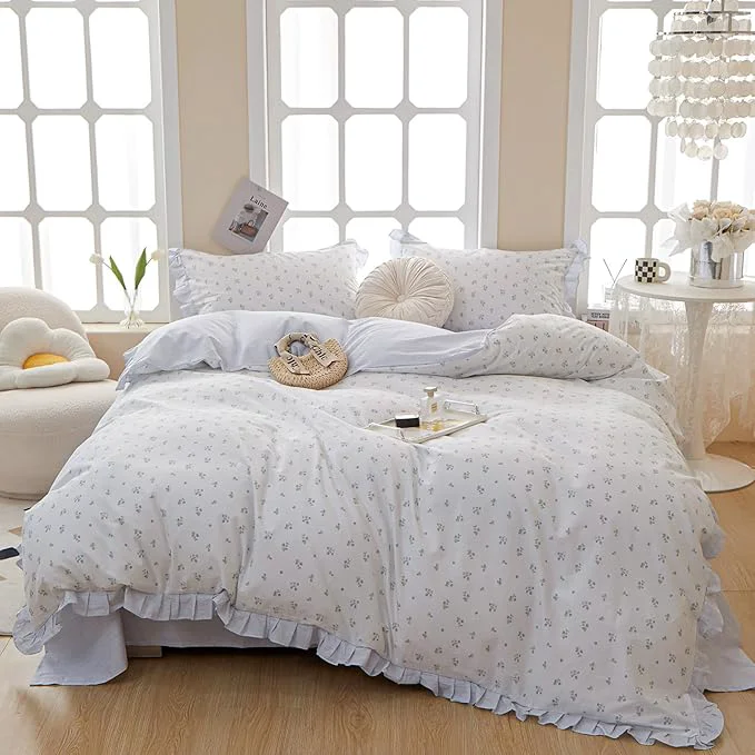 High-End VM VOUGEMARKET Queen Comforter Set Blue Floral Comforter Romantic Girls Ruffle Lace Bedding Set Soft Reversible Lightweight Girls Comforter with 2 Pillow Shams User-Friendly
