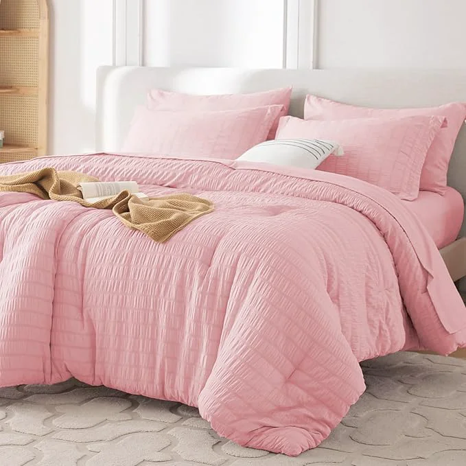 Secure MUXHOMO 7 Pieces Full Comforter Set Seersucker Bed in a Bag Full Size All Season Luxury Bedding Set with Comforter Flat Sheet Fitted Sheet Pillowcases amp Shams Pink Genuine