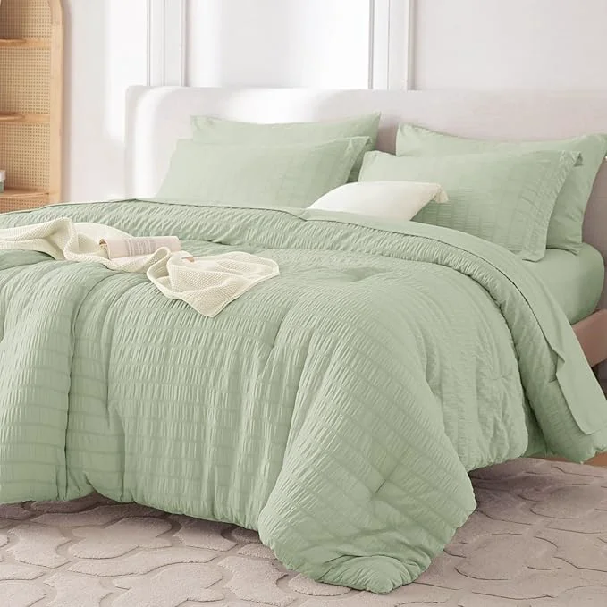 Practical MUXHOMO 7 Pieces Full Comforter Set Seersucker Bed in a Bag Full Size All Season Luxury Bedding Set with Comforter Flat Sheet Fitted Sheet Pillowcases amp Shams Light Green Genuine