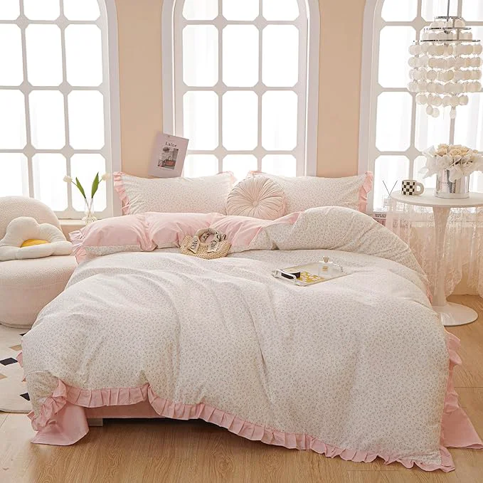 Recyclable VM VOUGEMARKET Flower Comforter Set Full 3 Pcs Vintage Pink Floral Bedding Comforter with Elegant Ruffles All Season Soft amp Lightweight Comforter Set for Girls Women 80 quot x90 quot Excellent