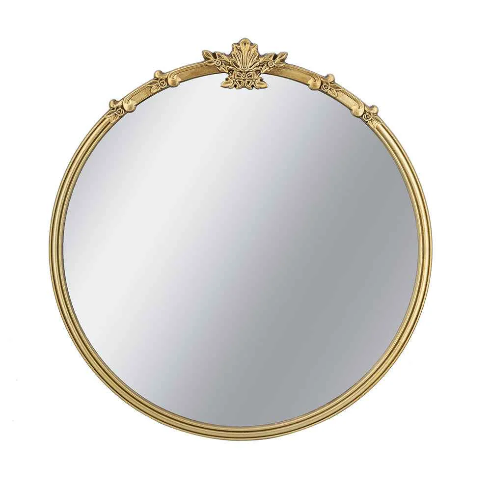 Fine 30×31 quot Round Wall Mirror with Gold Finish and Decorative Leaf Crest Green