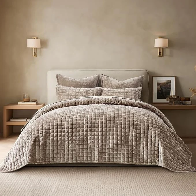 Clean RECYCO Luxury Velvet Quilt Queen Size Bedding Set Ultra Soft Velvet Comforter Set Lightweight Quilted Channel Box Stitch Oversized Bedspread Coverlet for All Season with 2 Shams Natural Tan Exclusive