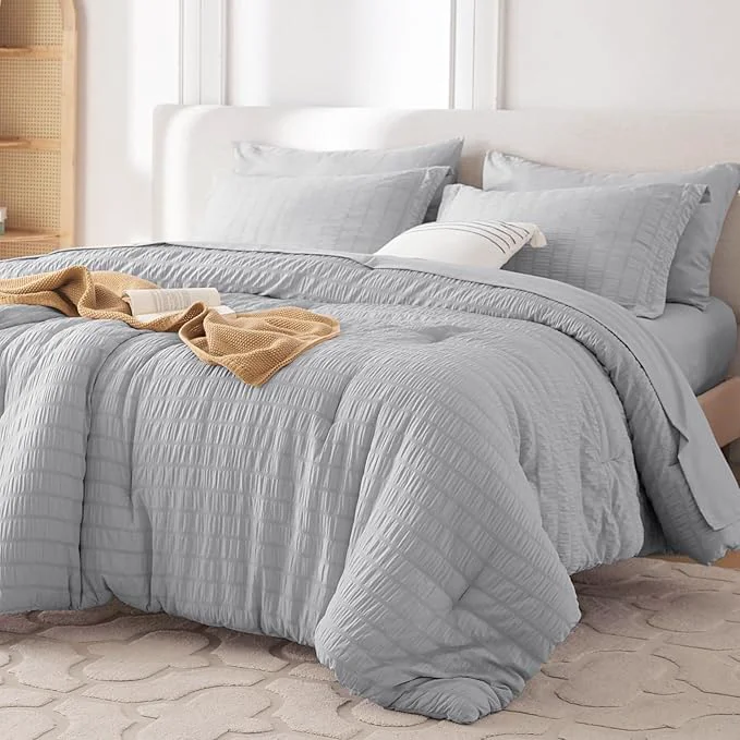 High-Quality MUXHOMO 7 Pieces California King Comforter Set Seersucker Bed in a Bag Cal King Size All Season Luxury Bedding Set with Comforter Flat Sheet Fitted Sheet Pillowcases amp Shams Light Grey Sophisticated