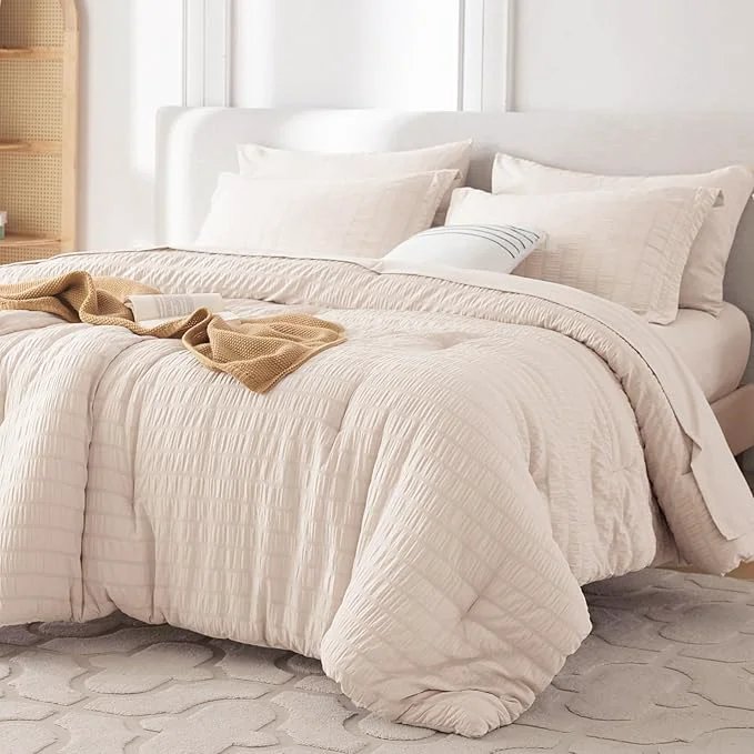 Breathable MUXHOMO 7 Pieces Queen Comforter Set Seersucker Bed in a Bag Queen Size All Season Luxury Bedding Set with Comforter Flat Sheet Fitted Sheet Pillowcases amp Shams Beige Effective