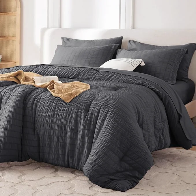 Powerful MUXHOMO 7 Pieces California King Comforter Set Seersucker Bed in a Bag Cal King Size All Season Luxury Bedding Set with Comforter Flat Sheet Fitted Sheet Pillowcases amp Shams Dark Grey Elegant