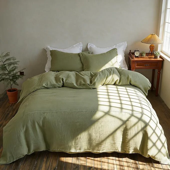 Original Design Simple amp Opulence Washed Linen Duvet Cover Set 78 quot x86 quot – 3 Pieces Soft Farmhouse Comforter Set Double Embroidered with Button Closure – 1 Duvet Cover and 2 Pillowshams Sage Green Full Next-Generation