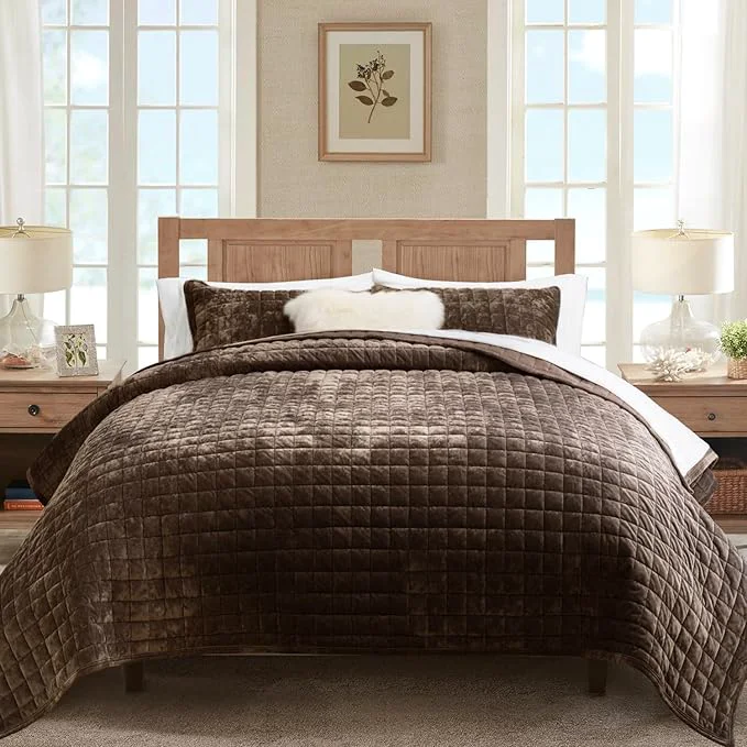 Pure RECYCO Luxury Velvet Quilt Set King Size Bedding Sets Ultra Soft Velvet Comforter Set Lightweight Channel Box Stitch Oversized Bedspread Coverlet for All Season with 2 Shams Walnut Brown Genuine