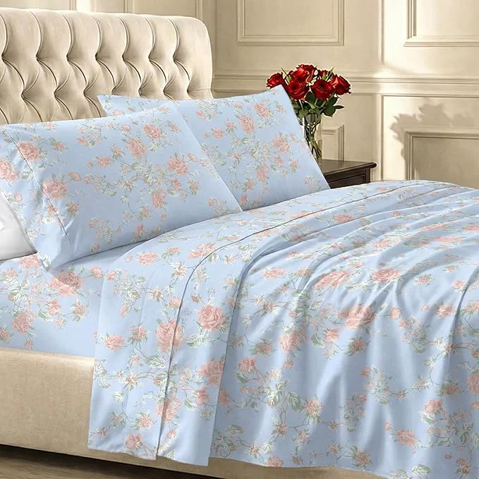 Eco-Friendly California Design Den Floral Printed Queen Sheet Set – 400 Thread Count Sateen Natural Cotton Sheets Queen Size Bed Set Deep Pockets and Durable Bedding – Antique Rose Quality
