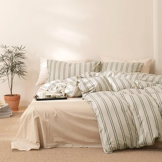 Reliable VM VOUGEMARKET Stripe Comforter Set Twin XL Green Striped Bedding Comforter with 2 Pillowcases Modern Farmhouse Style Lightweight Twin Comforter Set for Teen Boys Consistent