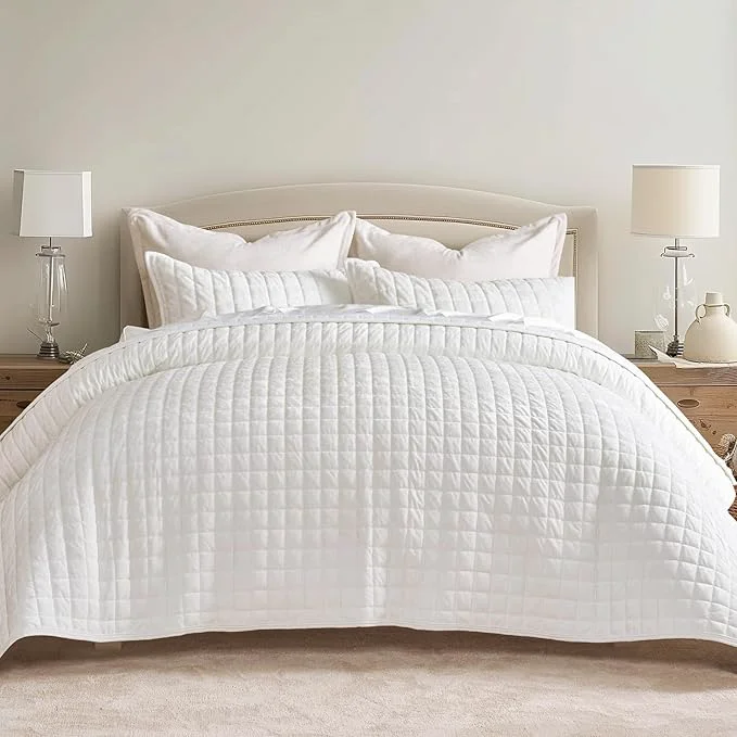 Healthy RECYCO Luxury Velvet Quilt Set King Size Bedding Sets Ultra Soft Velvet Comforter Set Lightweight Channel Box Stitch Oversized Bedspread Coverlet for All Season with 2 Shams Bright White Exclusive