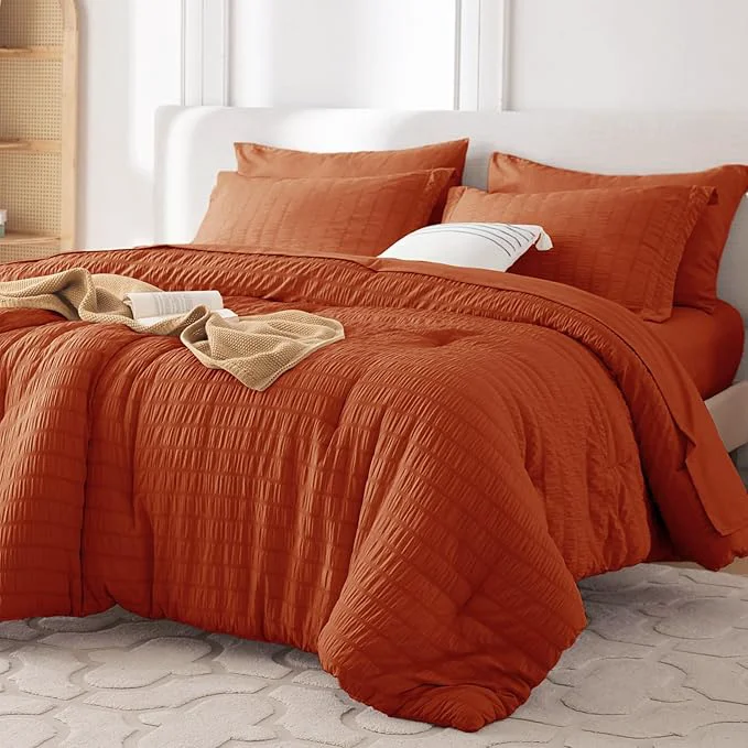 High-End MUXHOMO 7 Pieces Full Comforter Set Seersucker Bed in a Bag Full Size All Season Luxury Bedding Set with Comforter Flat Sheet Fitted Sheet Pillowcases amp Shams Burnt Orange Advanced