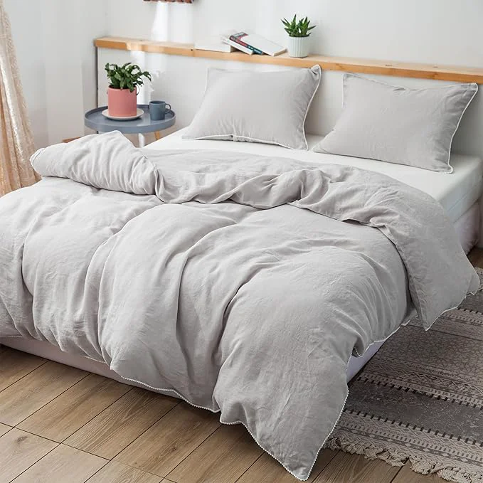 Certified Simple amp Opulence Washed Linen Duvet Cover with Pom Pom Trim Natural French Flax Bedding Set Soft Breathable 1 Farmhouse Boho Comforter Cover and 2 Pillow Shams Queen Natural Linen Environmentally Friendly