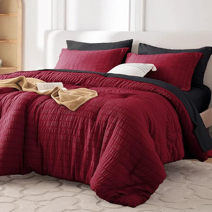 World-Class MUXHOMO 7 Pieces King Comforter Set Seersucker Bed in a Bag King Size All Season Luxury Bedding Set with Comforter Flat Sheet Fitted Sheet Pillowcases amp Shams Red amp Black Breathable