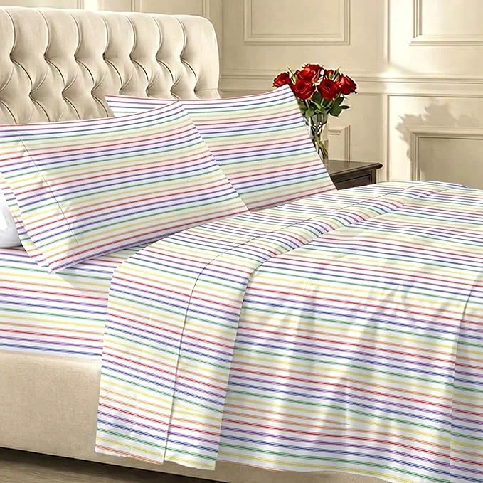Carefully Designed California Design Den Deep Pocket Twin Sheets Set – 400 Thread Count Sateen Natural Cotton Sheets and Durable Bedding Set – Rainbow Striped Easy-to-Use