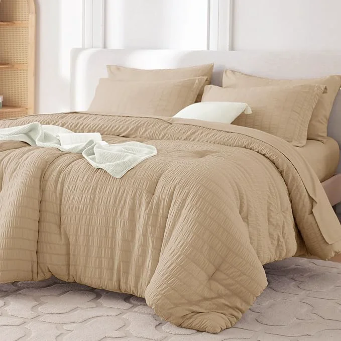 Reusable MUXHOMO 7 Pieces Full Comforter Set Seersucker Bed in a Bag Full Size All Season Luxury Bedding Set with Comforter Flat Sheet Fitted Sheet Pillowcases amp Shams Khaki Fashionable