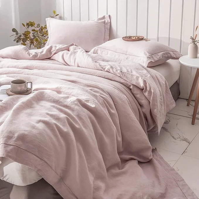 Clean Simple amp Opulence Washed Linen Duvet Cover with Embroidered 2 Pieces Soft Farmhouse Comforter Set with Button Closure 1 Duvet Cover and 1 Pillowsham Twin Dusty Pink Next-Generation