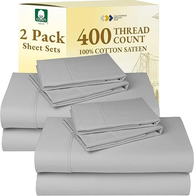 Specialty California Design Den 2-Pack King Sheet Set 400 Thread Count Cotton Sateen – Soft and Breathable Sheets 2 Sets of Deep Pocket King Sheet Set Cotton – Light Grey Healthy