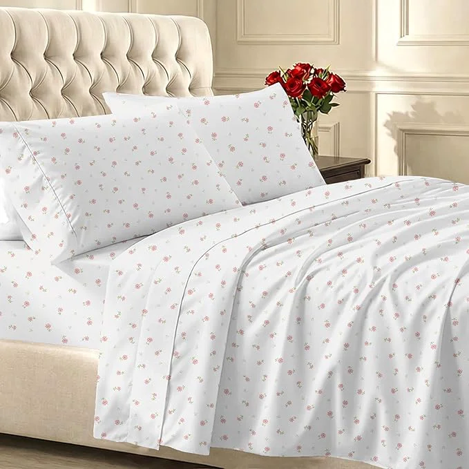 Premium California Design Den Printed Twin XL Sheet Sets – 400 Thread Count Sateen Natural Cotton Bed Sheets Deep Pockets and Durable Bedding Set – Soft Floral Unique