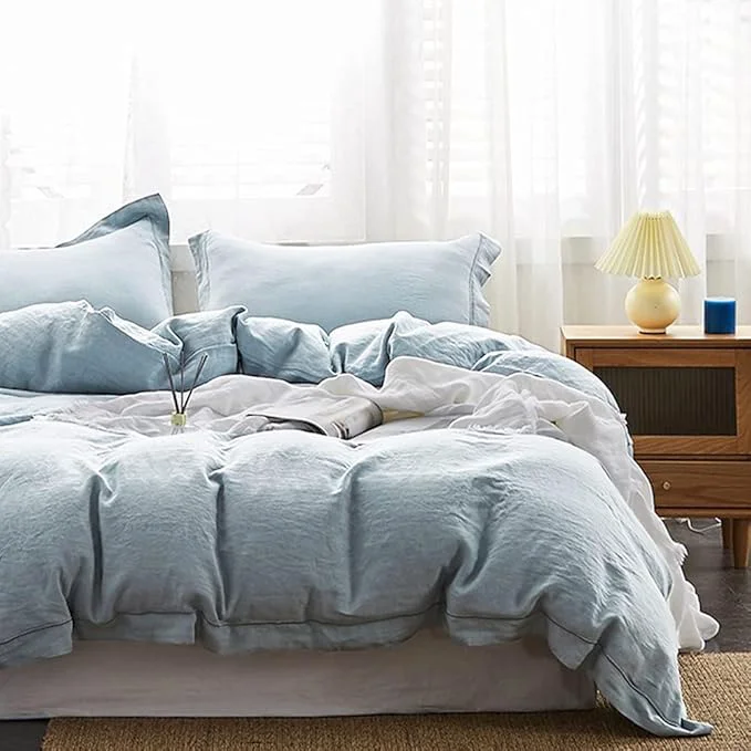 Fine Simple amp Opulence Washed Linen Duvet Cover Set with Embroidered 3 Pieces Soft Farmhouse Comforter Set with Button Closure 1 Duvet Cover and 2 Pillowshams King Dusty Blue Flexible