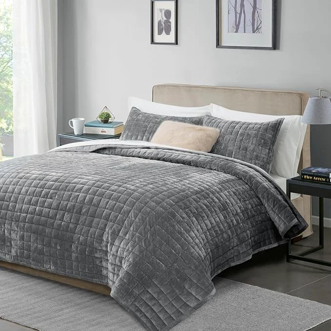 Premium Material RECYCO Luxury Velvet Quilt Set Twin Twin XL Size Lightweight Velvet Comforter Set Oversized Bedspread Coverlet Quilted Bedding Set with 1 Matching Pillow Sham for All Season Gray Excellent