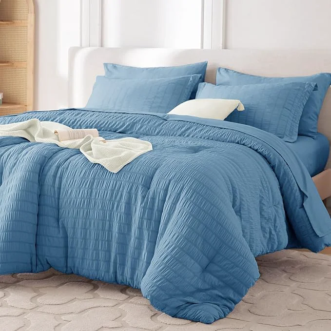 High-Quality MUXHOMO 7 Pieces Full Comforter Set Seersucker Bed in a Bag Full Size All Season Luxury Bedding Set with Comforter Flat Sheet Fitted Sheet Pillowcases amp Shams Mineral Blue Sustainable