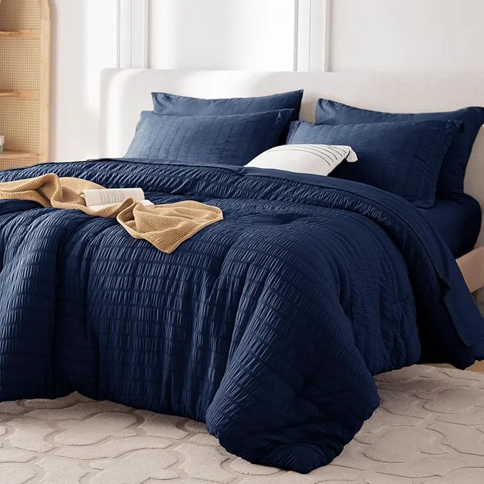 Fine MUXHOMO 7 Pieces Full Comforter Set Seersucker Bed in a Bag Full Size All Season Luxury Bedding Set with Comforter Flat Sheet Fitted Sheet Pillowcases amp Shams Navy Blue Elite