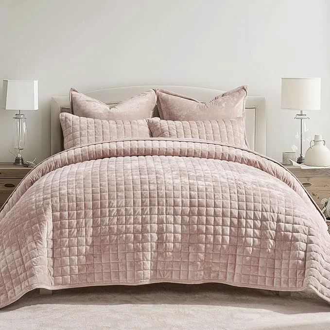 Reusable RECYCO Luxury Velvet Quilt Set Full Queen Size Bedding Sets Ultra Soft Velvet Comforter Set Lightweight Channel Box Stitch Oversized Bedspread Coverlet for All Season with 2 Shams Rose Pink Original Design