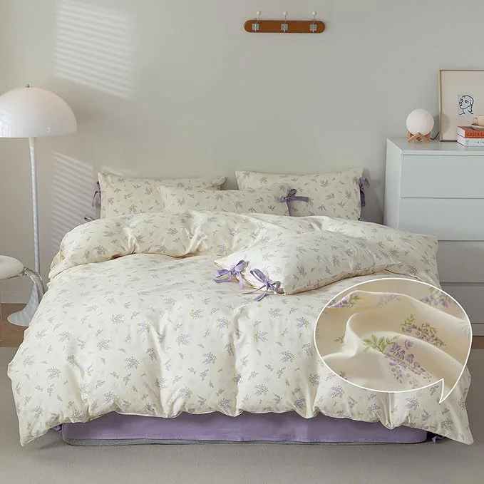 Stylish VM VOUGEMARKET Purple Flower Comforter Set King Vintage Botanical Bedding Set 1 Lavender Floral Comforter and 2 Pillowcases with Bowknot for Women 3pcs 104x90Inch Excellent