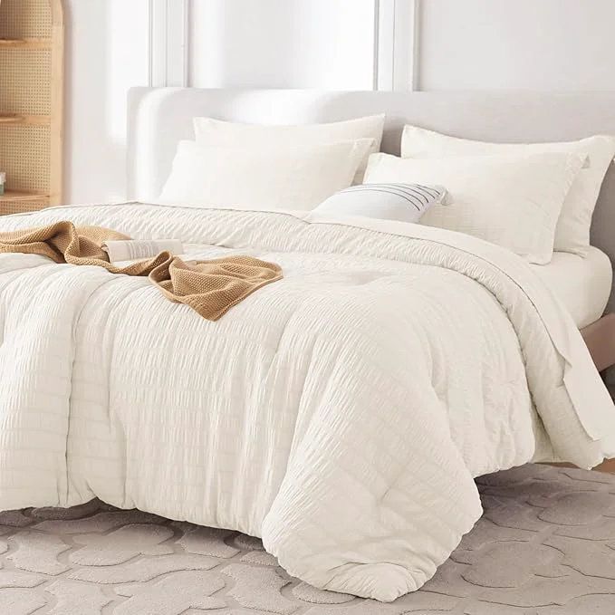 Smooth MUXHOMO 7 Pieces Queen Comforter Set Seersucker Bed in a Bag Queen Size All Season Luxury Bedding Set with Comforter Flat Sheet Fitted Sheet Pillowcases amp Shams Ivory Modern