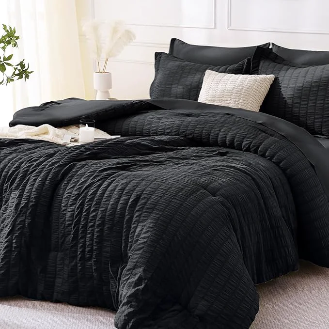 Elegant MUXHOMO 7 Pieces Full Comforter Set Seersucker Bed in a Bag Full Size All Season Luxury Bedding Set with Comforter Flat Sheet Fitted Sheet Pillowcases amp Shams Black Breathable