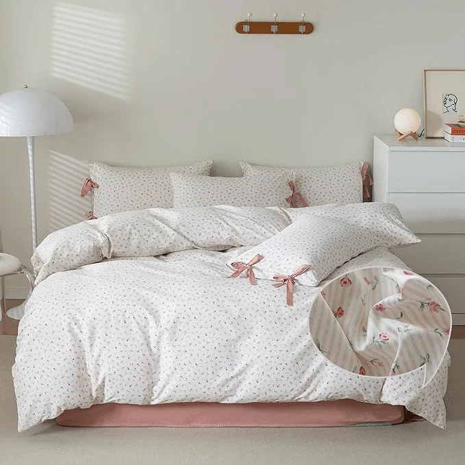 Practical VM VOUGEMARKET Pink Floral Comforter Set Queen Bed in a Bag Pink Stripes Bedding Set 3 Pieces for All Seasons Soft Comfy Girls Comforter with 2 Bowknot Pillowcases-90 x90 Classic