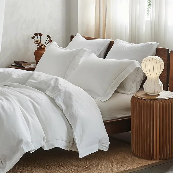 Original Simple amp Opulence Washed Linen Duvet Cover with Embroidered 3 Pieces Soft Farmhouse Comforter Set with Button Closure 1 Duvet Cover and 2 Pillowshams Queen White Clean